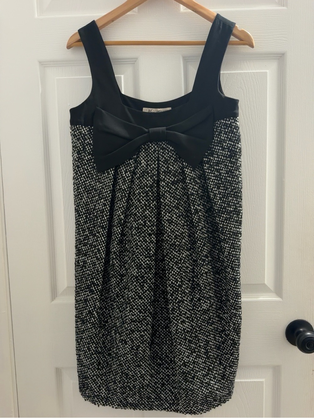 Mango Black and White Tweed Midi Dress with Bow